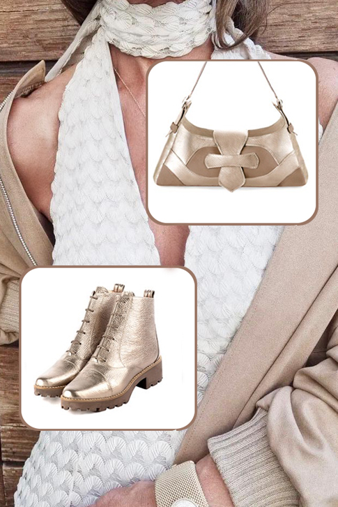 Gold women's ankle boots with laces at the front. Round toe. Low rubber soles. Top view - Florence KOOIJMAN